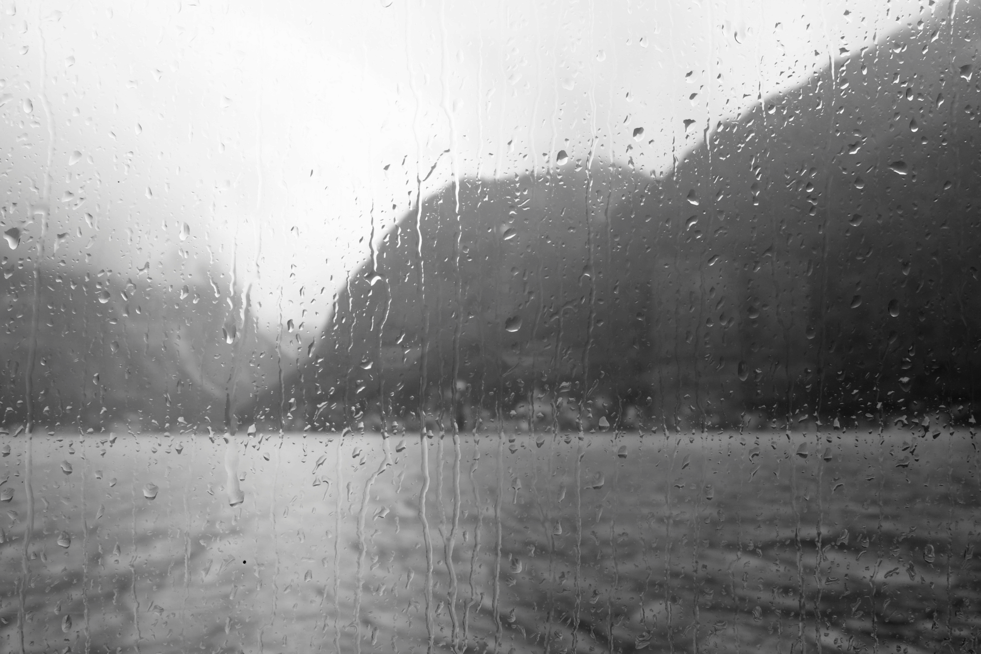 a window with rain droplets streaming down. Photo is in black and white a nature scenery in the background.