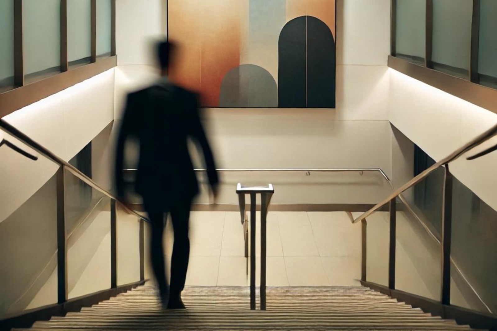 A man wearing a suite walking down a wide staircase