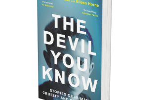 A book cover titled "The Devil You Know" by Dr. Gwen Adshead and Eileen Horne, focusing on stories of human cruelty and compassion.