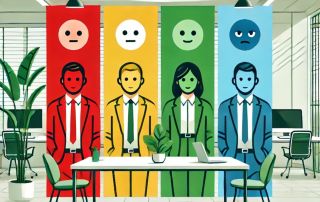 Different colored workplace flags representing emotional states, with professionals standing underneath each, highlighting the importance of emotional awareness and mental health in the workplace.