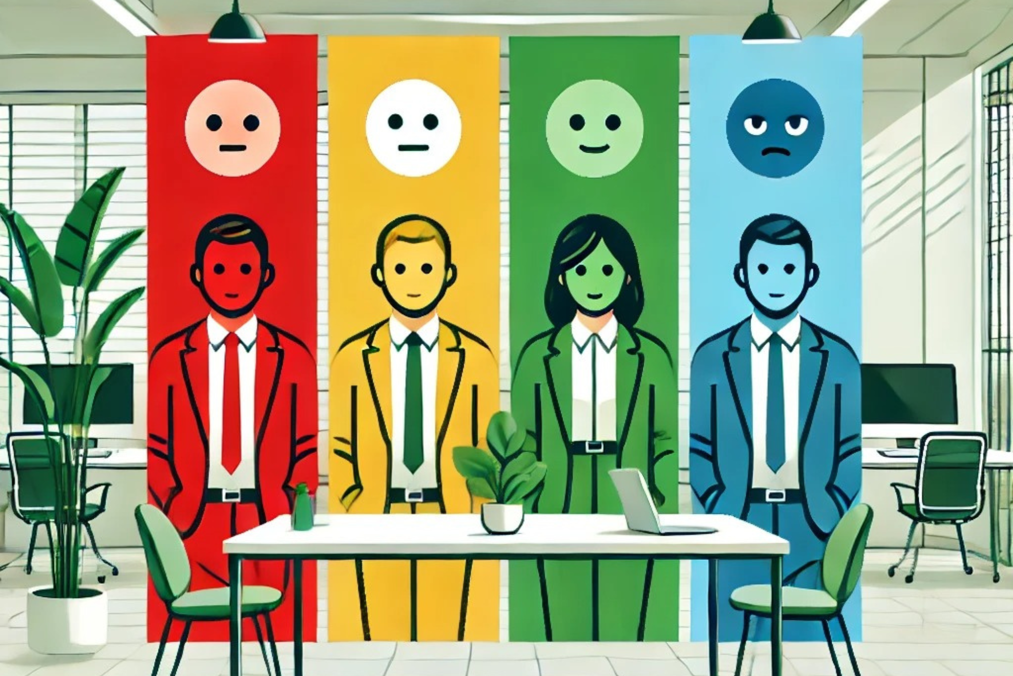 Shows four persons coded in different colours representing the different personality types. First man is in red, 2nd is yellow, 3rd is green and 4th is blue.