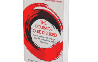 A book cover titled "The Courage to Be Disliked" by Ichiro Kishimi and Fumitake Koga, featuring a bold red and black circular brushstroke design.