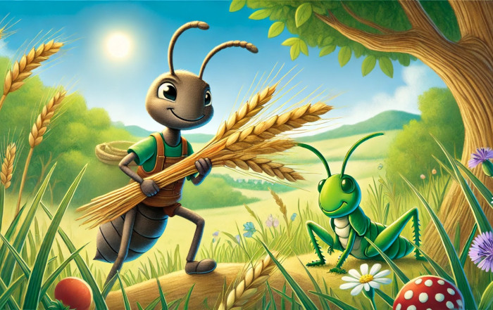 An ant is a cicada in a field. The ant holds wheat.