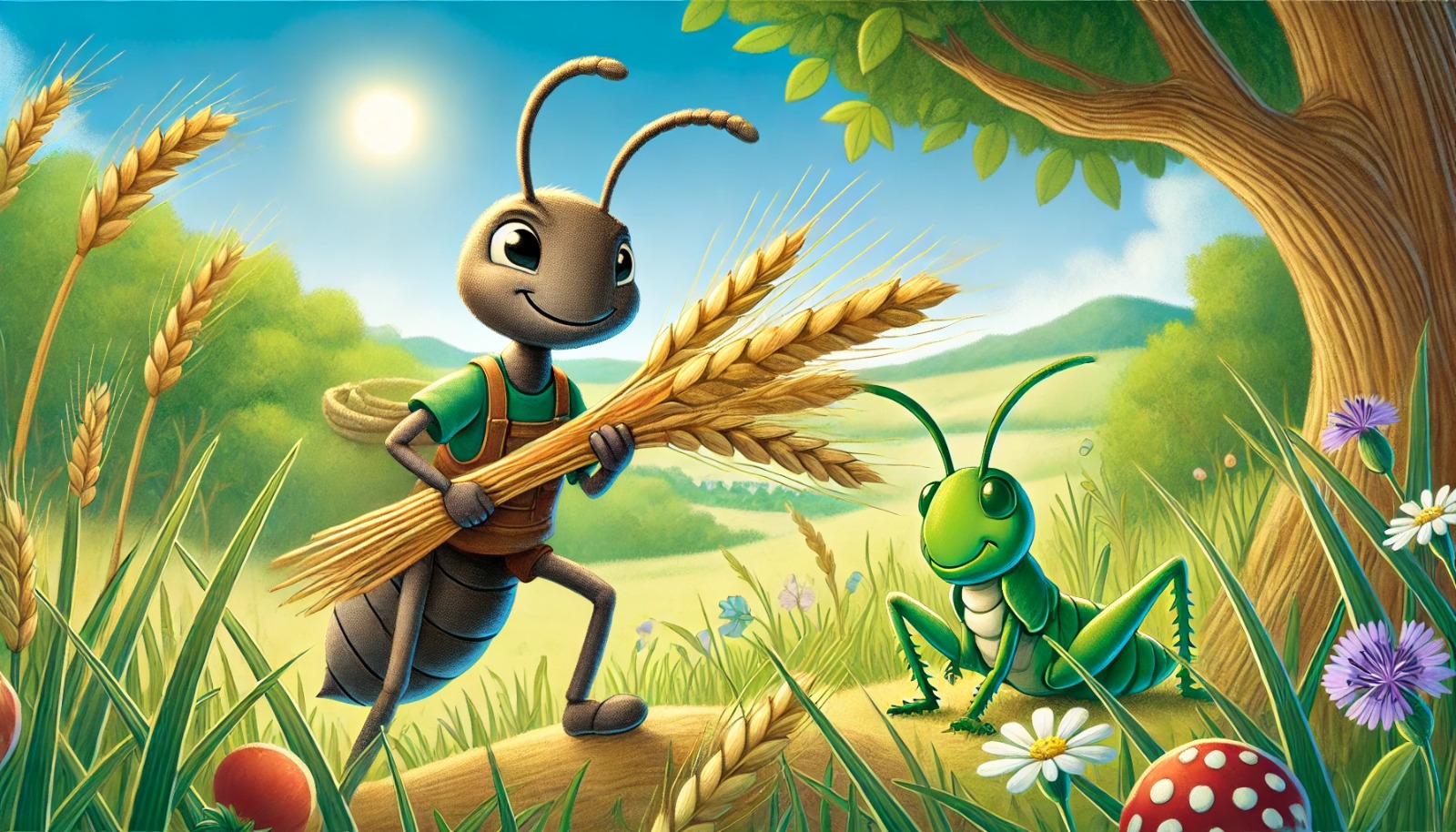 An ant is a cicada in a field. The ant holds wheat.