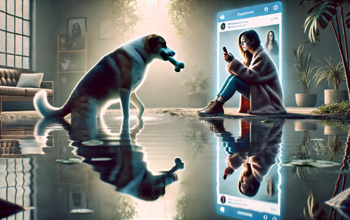 in the darkened, a dog holds a bone in his mouth facing a girl focused on her phone.