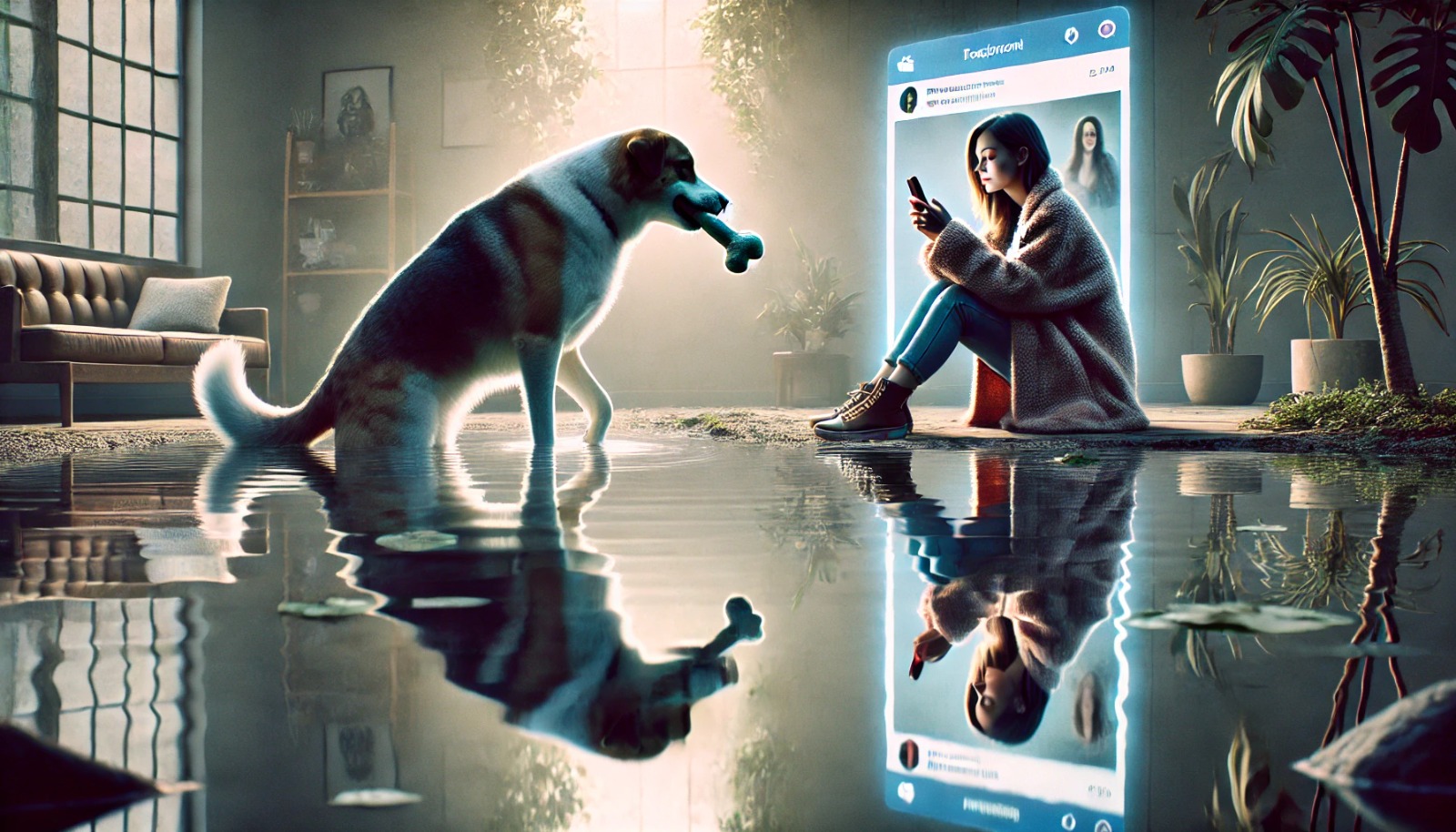 in the darkened, a dog holds a bone in his mouth facing a girl focused on her phone.