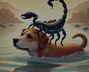 an animation of a dog with a golden fur coat swimming in a lake with a scorpion on his back