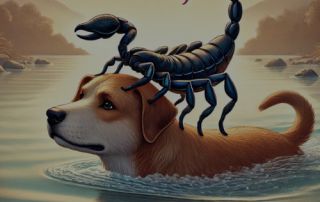 Scorpion balanced on a dog's head while swimming in a tranquil river with mountains in the background, symbolizing complex emotional challenges and resilience.