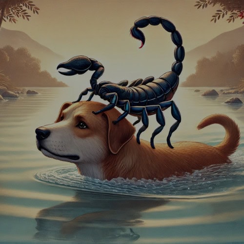 Scorpion balanced on a dog's head while swimming in a tranquil river with mountains in the background, symbolizing complex emotional challenges and resilience.
