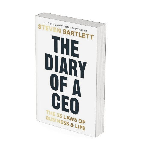 A hardcover book titled "The Diary of a CEO" with subtitle "The 33 Laws of Business & Life" by Steven Bartlett, positioned upright against a white background.