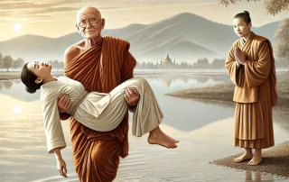 A compassionate scene depicting a Buddhist monk holding a young woman who appears to be meditating or resting by a serene lake, with a monk and a tranquil landscape in the background.