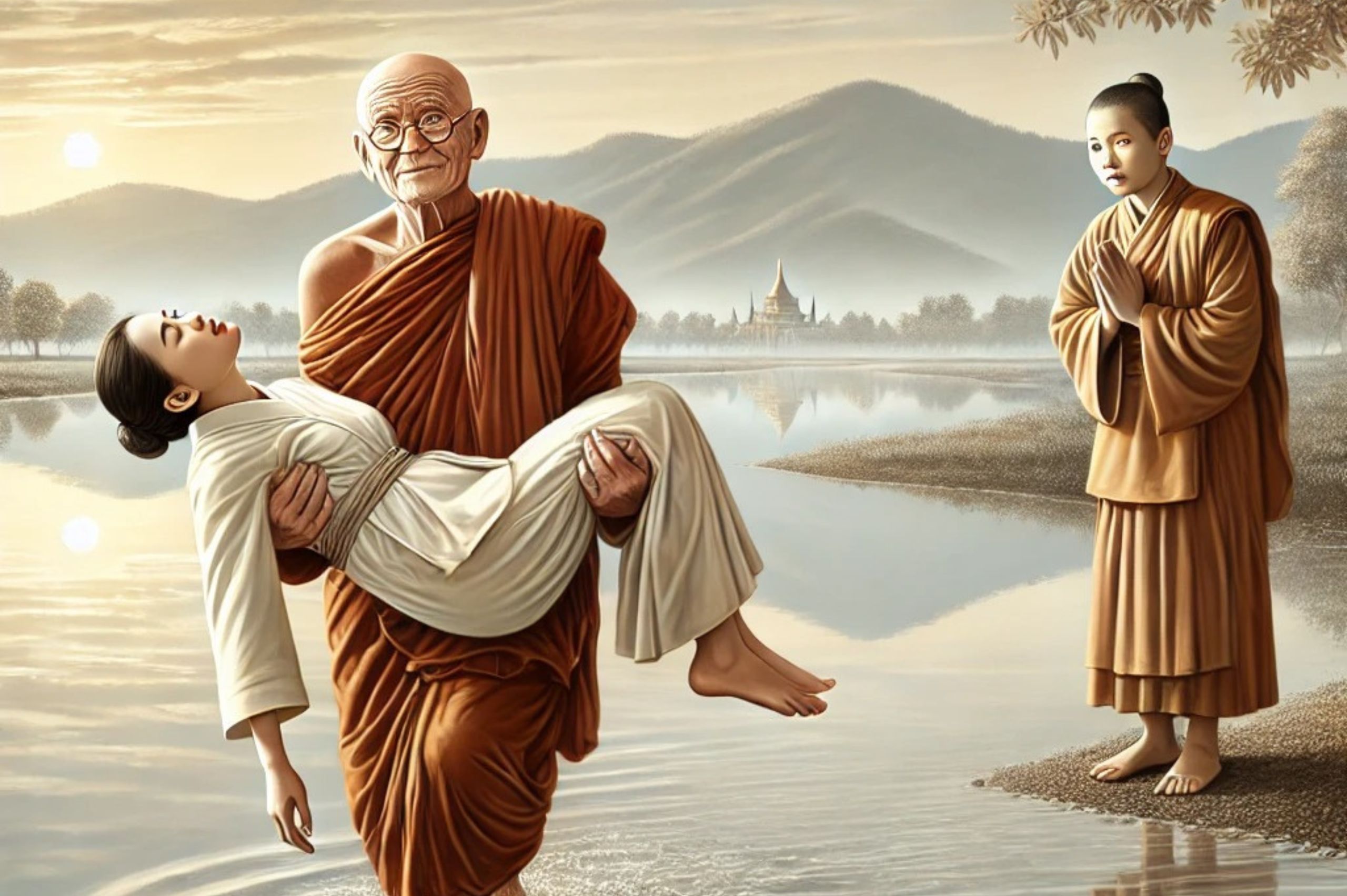 1 monk crossing the river while carrying a woman