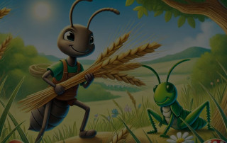 Antenna insect holding wheat stalks in a scenic outdoor setting, animated cartoon style.