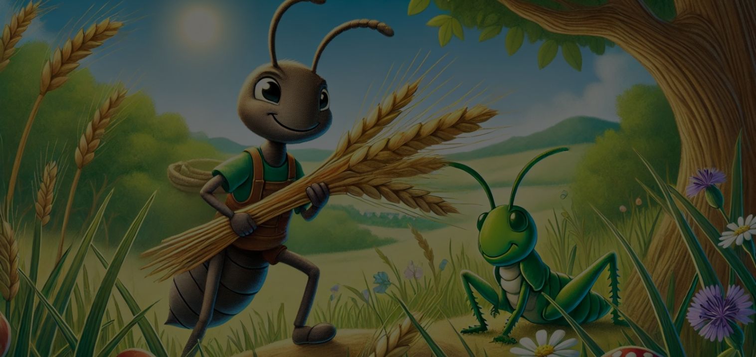 An ant is a cicada in a field. The ant holds wheat