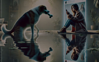 Dog playing with a toy bone indoors, sitting in water reflection near a woman using her phone in a cozy, modern living room decorated with plants and artwork, ambient lighting creating a calm atmosphere.