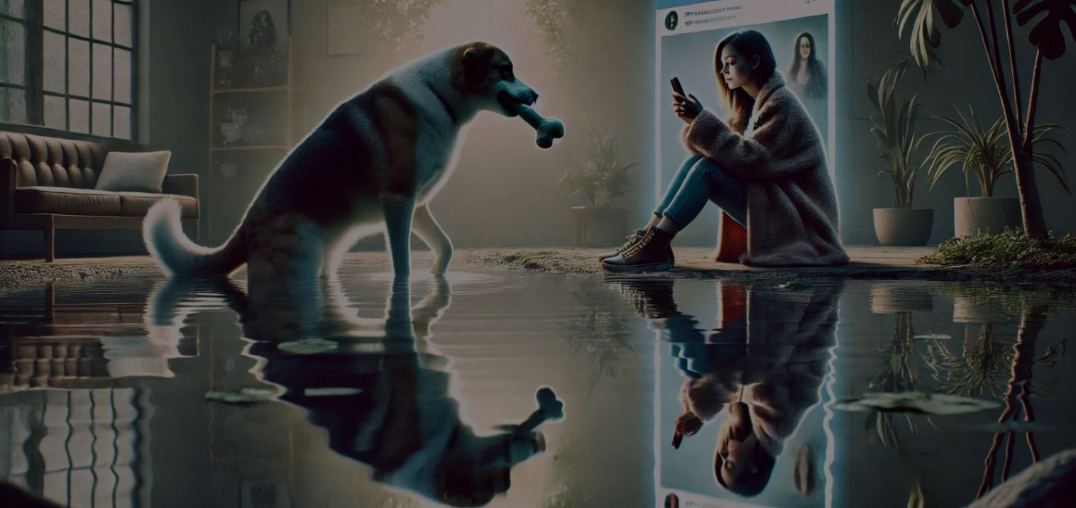 in the darkened, a dog holds a bone in his mouth facing a girl focused on her phone.