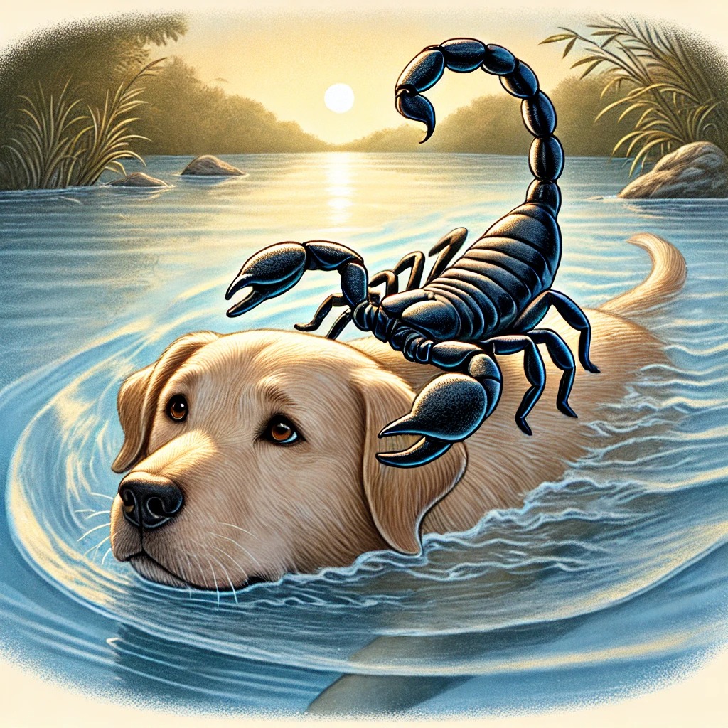 an animation of a dog with a golden fur coat swimming in a lake with a scorpion on his back