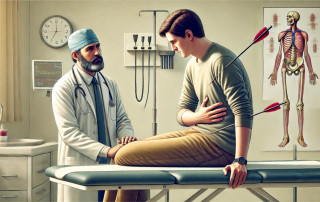 Anxious young man consulting with a doctor in a medical examination room, illustrating mental health support and emotional distress management.