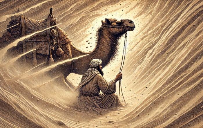 A camel driver is stuck in a desert during a sandstorm