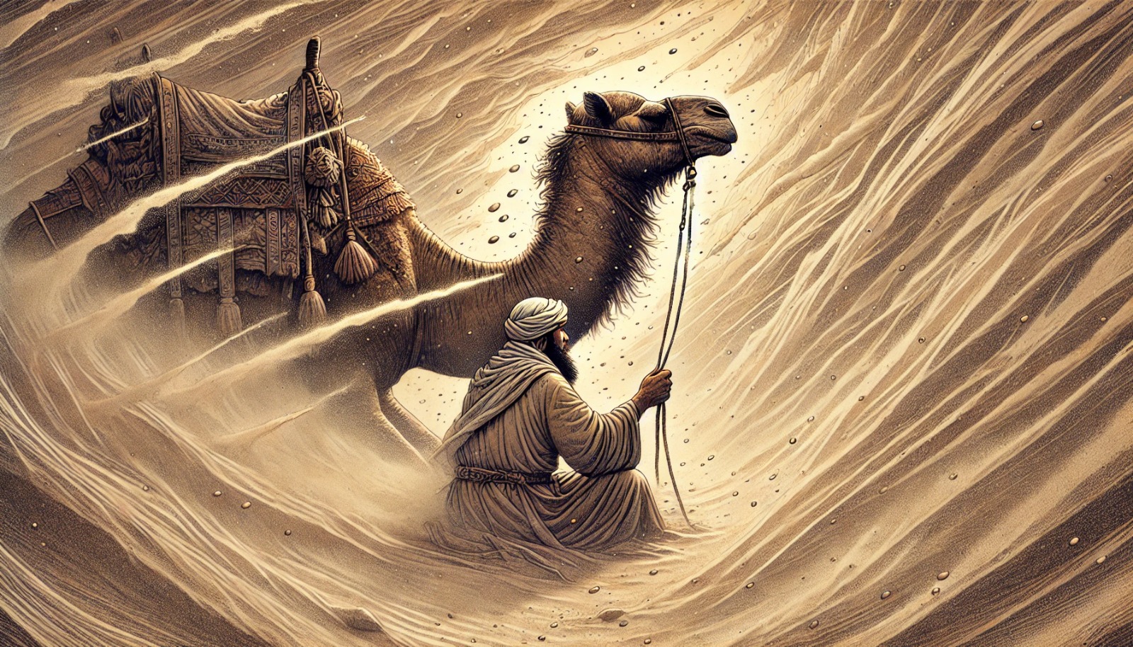 A camel driver is stuck in a desert during a sandstorm