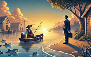 A fisherman in a small boat on a calm river at sunset, with a businessman standing on the shore, symbolizing balance between relaxation and professionalism in personal growth.