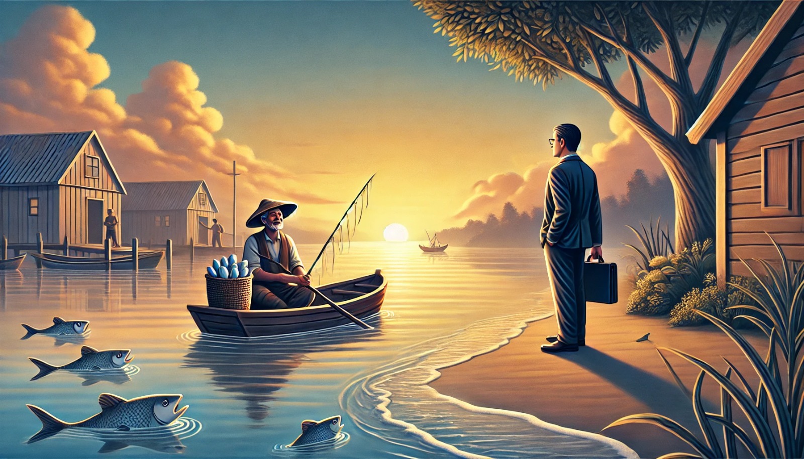 A fisherman in his boat talks with a business man who is on the shore