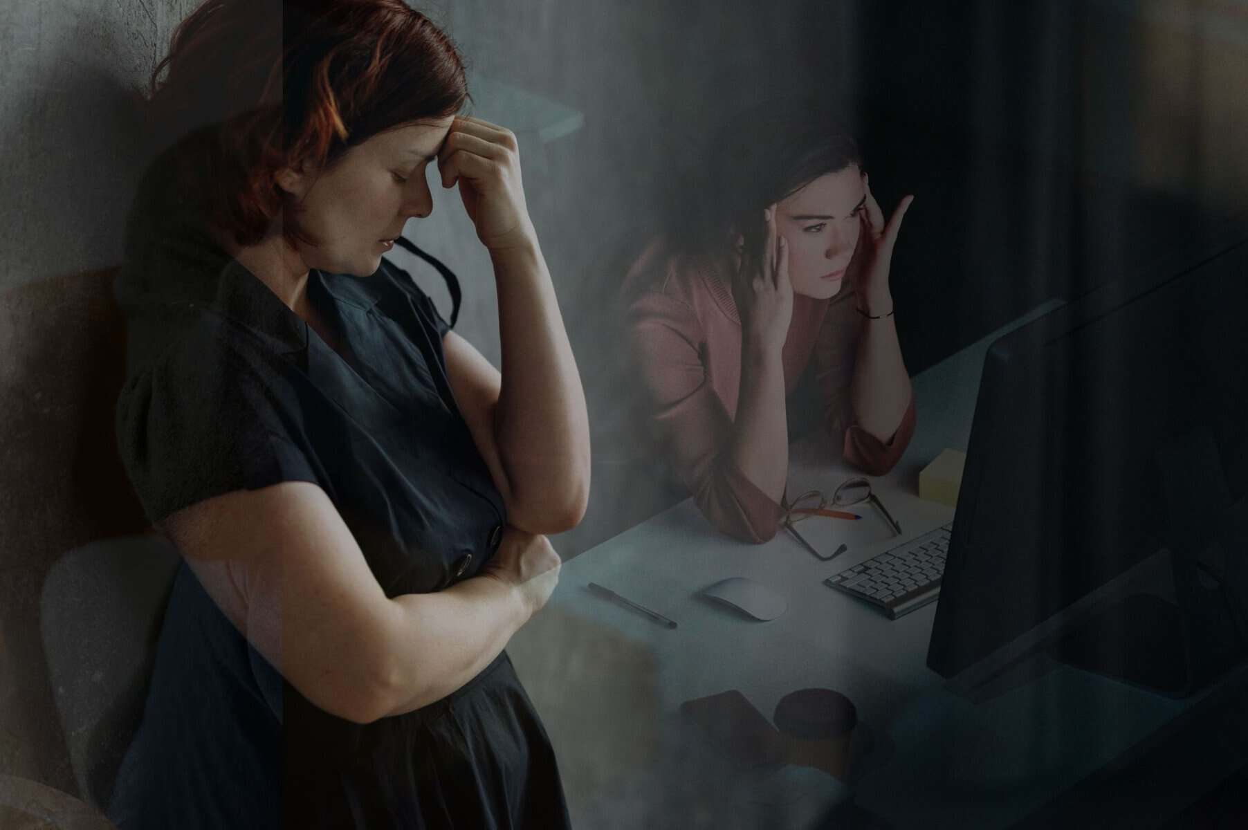 Feeling overwhelmed or stressed; two women experiencing emotional distress, one sitting with head down and the other holding her head in frustration at a desk.
