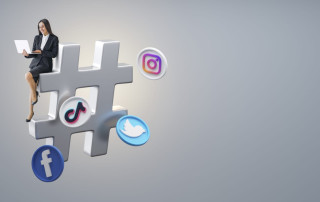 Social media icons including Facebook, Twitter, TikTok, Instagram, and LinkedIn with a professional woman sitting on the hashtag symbol, representing social media engagement and digital communication strategies.