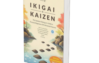 Ikigai and Kaizen book cover featuring serene landscape artwork aimed at enhancing personal growth and mental well-being.