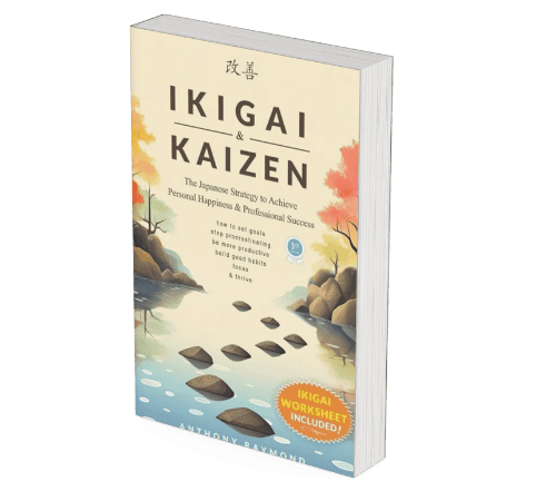 Ikigai and Kaizen book cover featuring serene landscape artwork aimed at enhancing personal growth and mental well-being.
