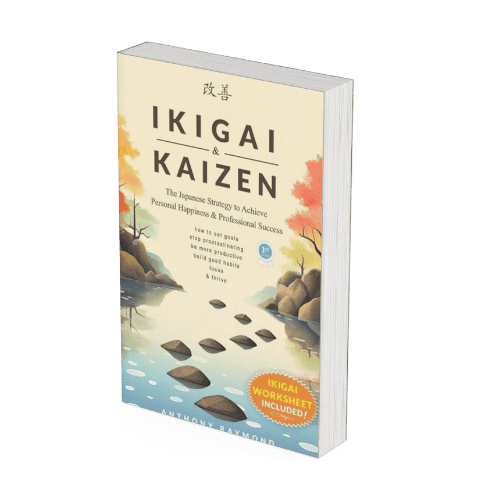 Ikigai and Kaizen book cover featuring serene landscape artwork aimed at enhancing personal growth and mental well-being.