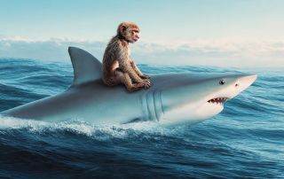 A monkey sitting on a shark's back in the ocean, symbolizing teamwork and trust in challenging situations.
