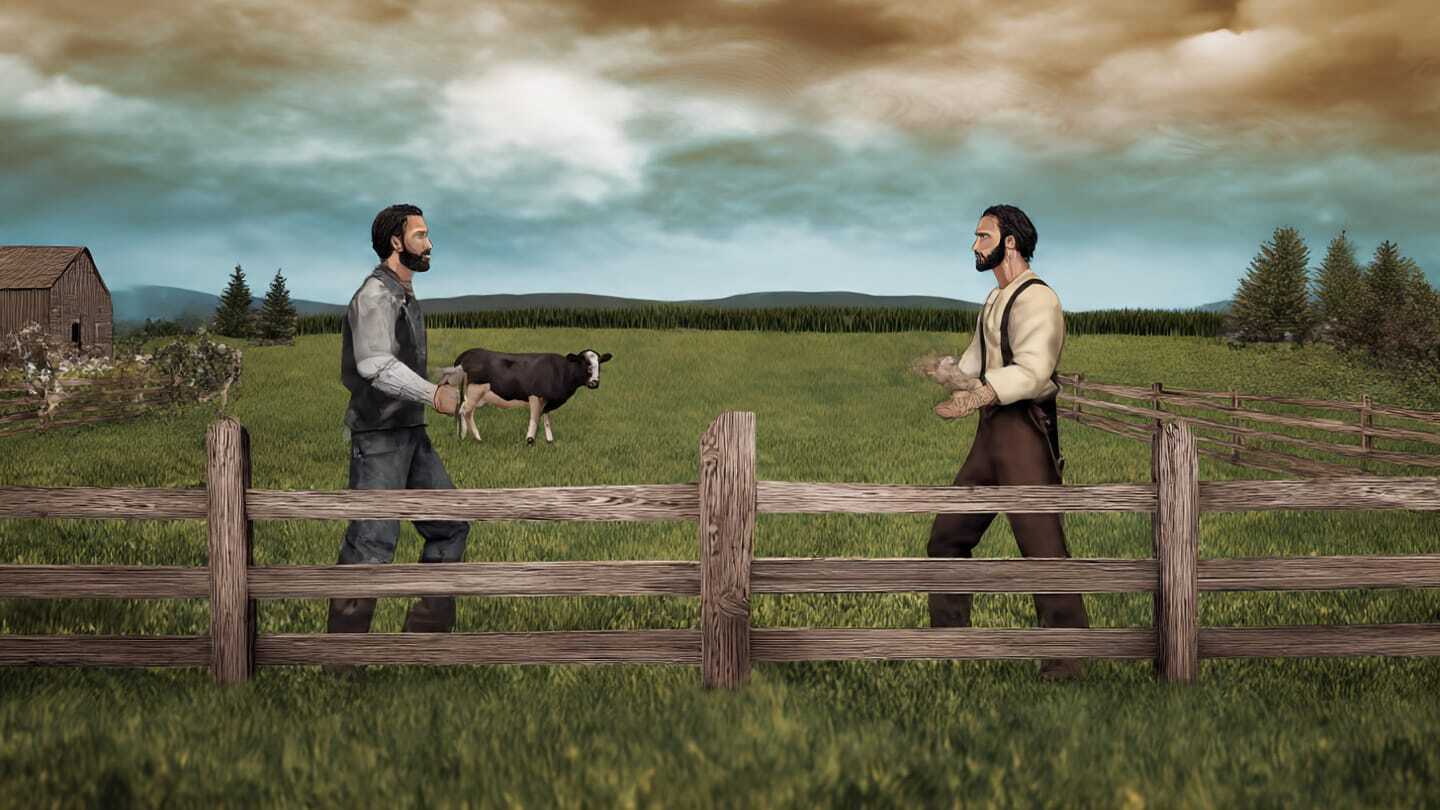 Man and woman having a respectful conversation across a wooden fence on a farm during sunset.