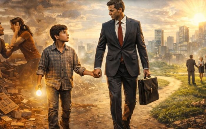 A man and boy walk hand-in-hand through a dystopian cityscape torn apart by disaster, symbolizing resilience, hope, and overcoming adversity in challenging times.