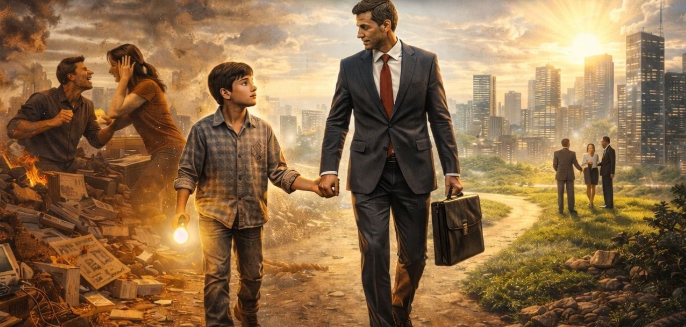 A man and boy walk hand-in-hand through a dystopian cityscape torn apart by disaster, symbolizing resilience, hope, and overcoming adversity in challenging times.