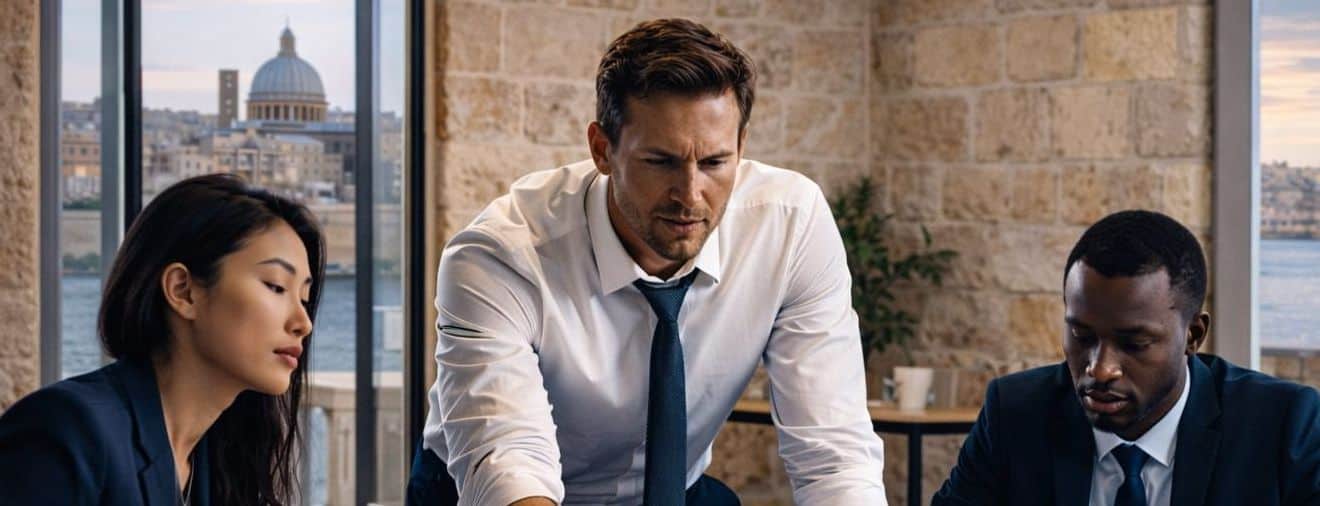 Business meeting with professionals discussing strategies for sustainable high performance and stress management in a modern office setting.